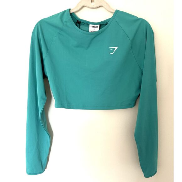 Gymshark Training Long Sleeve Crop Top Teal Slim Fit Raglan Sleeve Activewear S - Picture 1 of 4